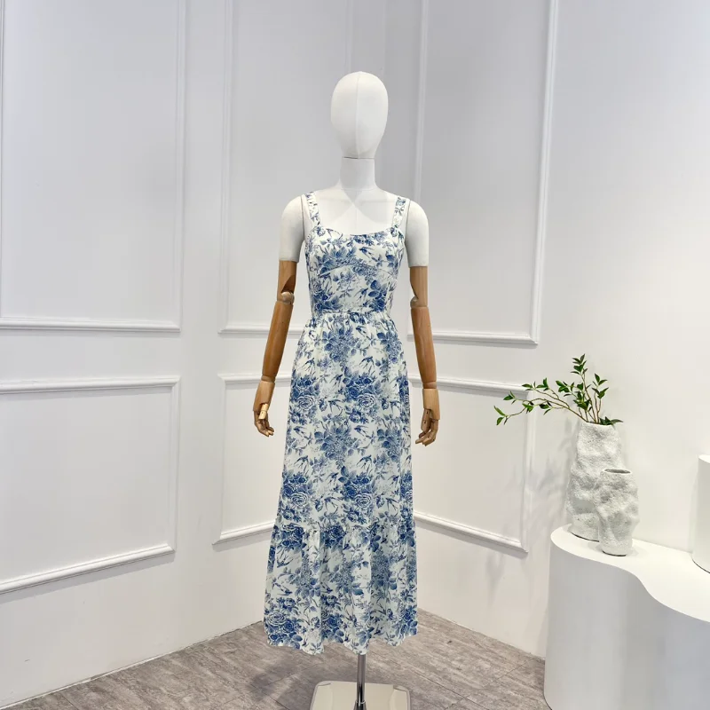 2023 Top Quality New Spring Summer Holiday Style Sky Blue Floral Printing Elegant Midi Tank Dresses Women