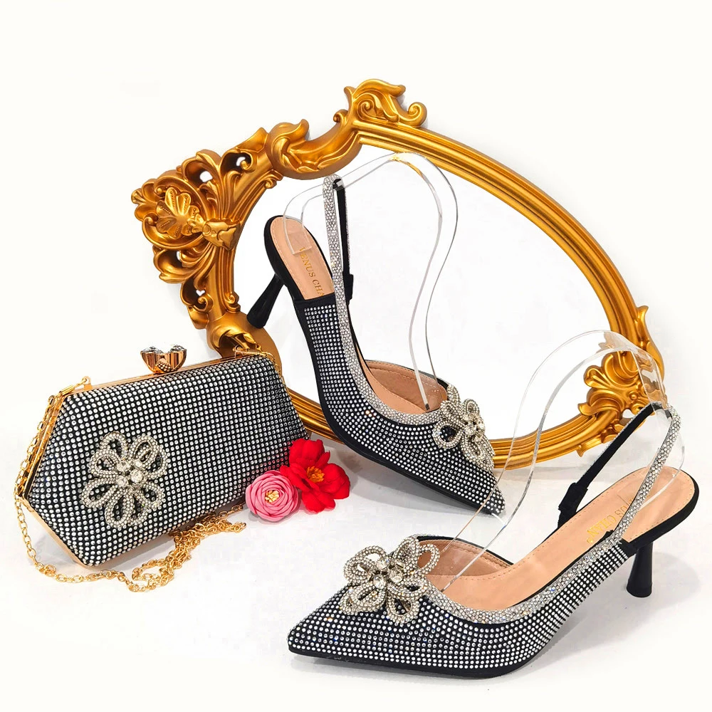 

New Arrivals Nigerian Women Shoes and Bag To Match In Black Color Specials Design Italian Pumps for Wedding Nigerian Party Pumps