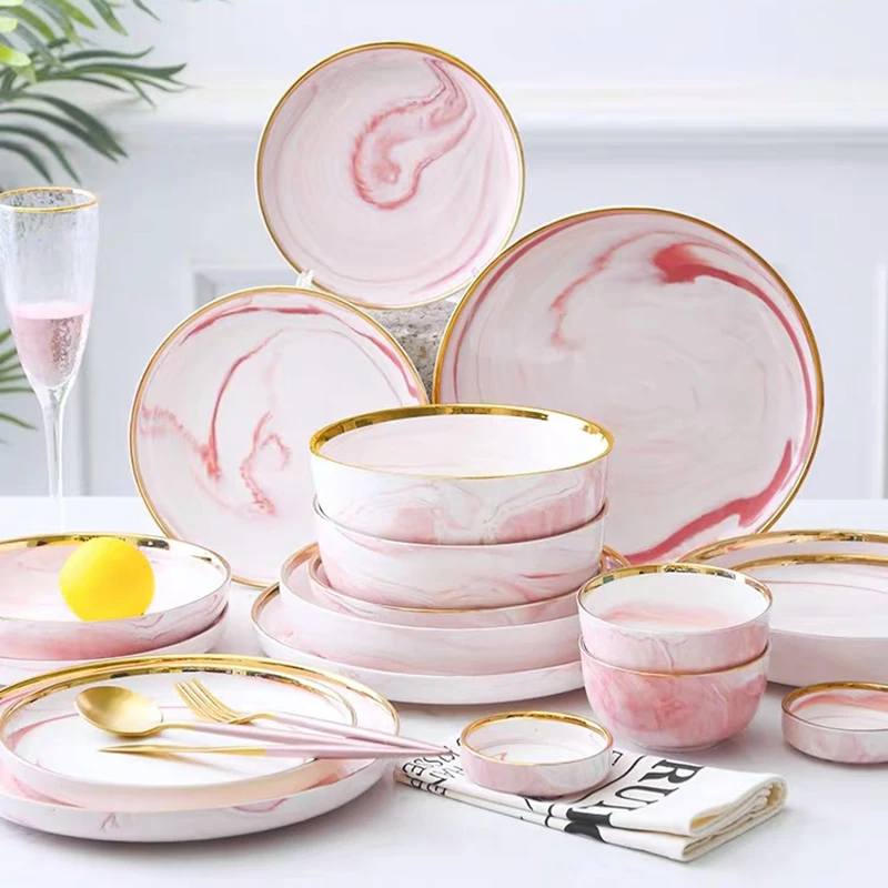 

Pink Marble Ceramic Dinnerware Set Food Dessert Plate Salad Bowl Dishes Plates and Bowls Set Tableware Set Restaurant Hotel Home
