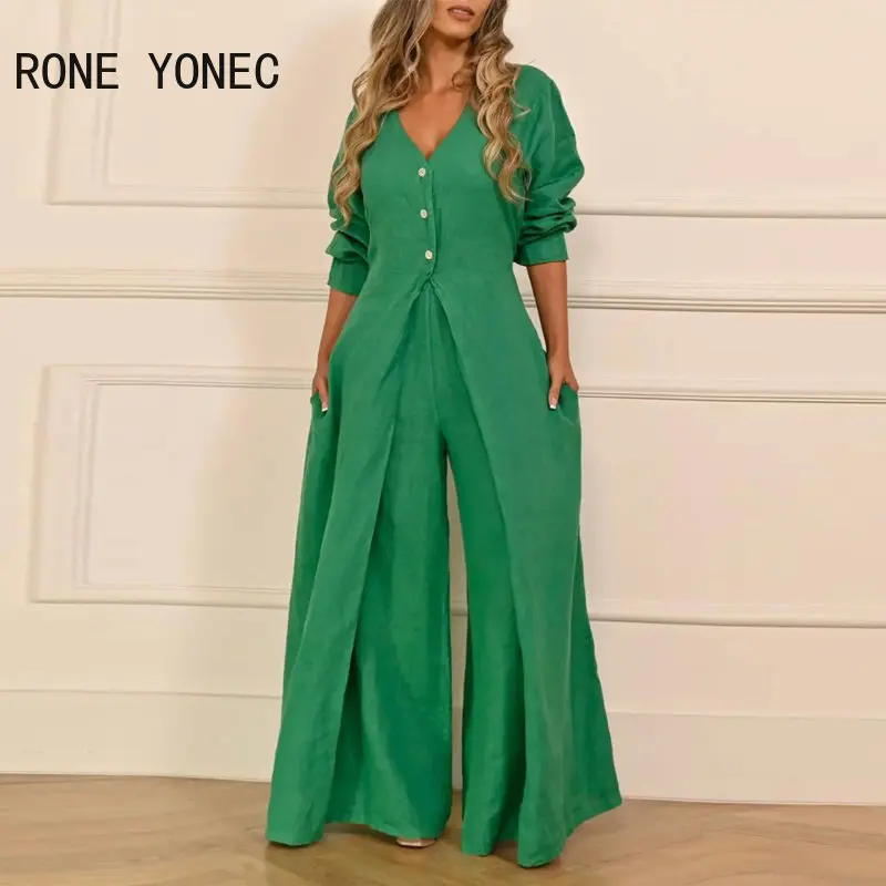 

Women Chic Solid X Long Top Button V Neck Long Sleeves Wide Leg Pants Sets