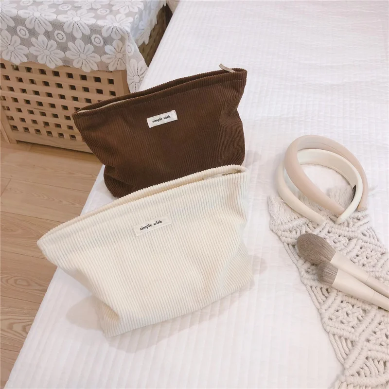 

White Brown Corduroy Makeup Bags Large Capacity Cosmetic Skin Care Product Bags Organizer Travel Portable Toiletry Storage Bags