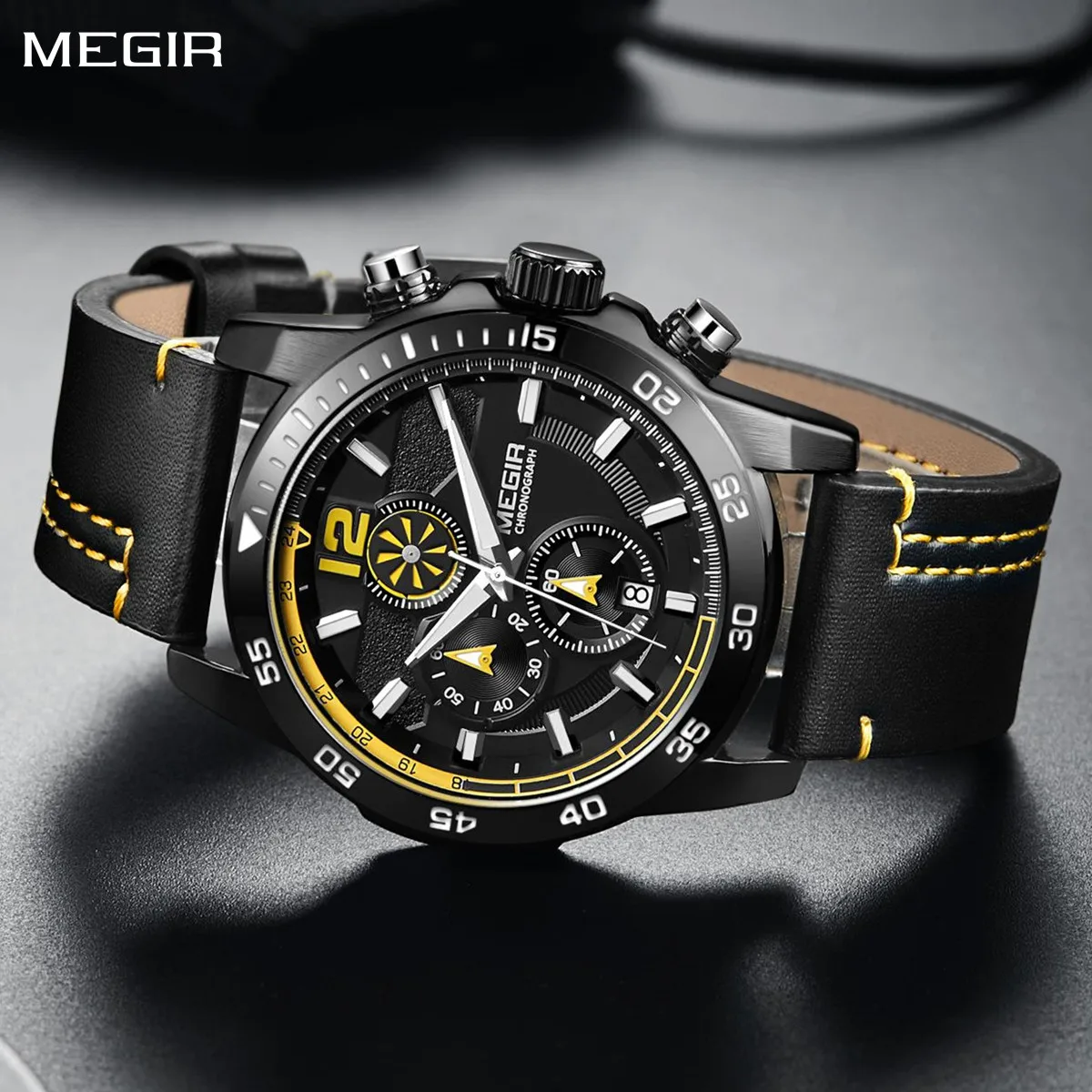 MEGIR черные роскошные мужские наручные часы кожаный ремешок водостойкий
