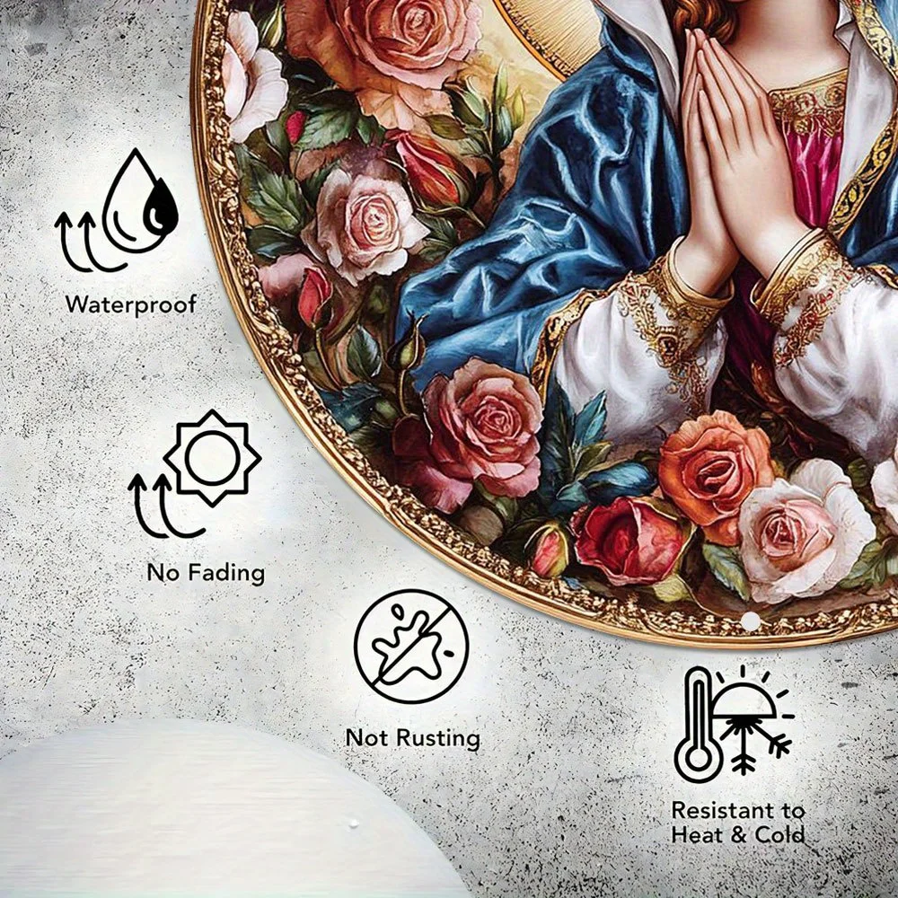 Вдохновляющий круглый алюминиевый металлический настенный рисунок Девы Марии с