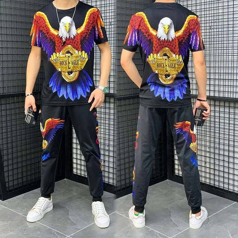 Men's summer high quality short sleeve pants casual sportswear suit fashion personality trend handsome eagle print two-piece set