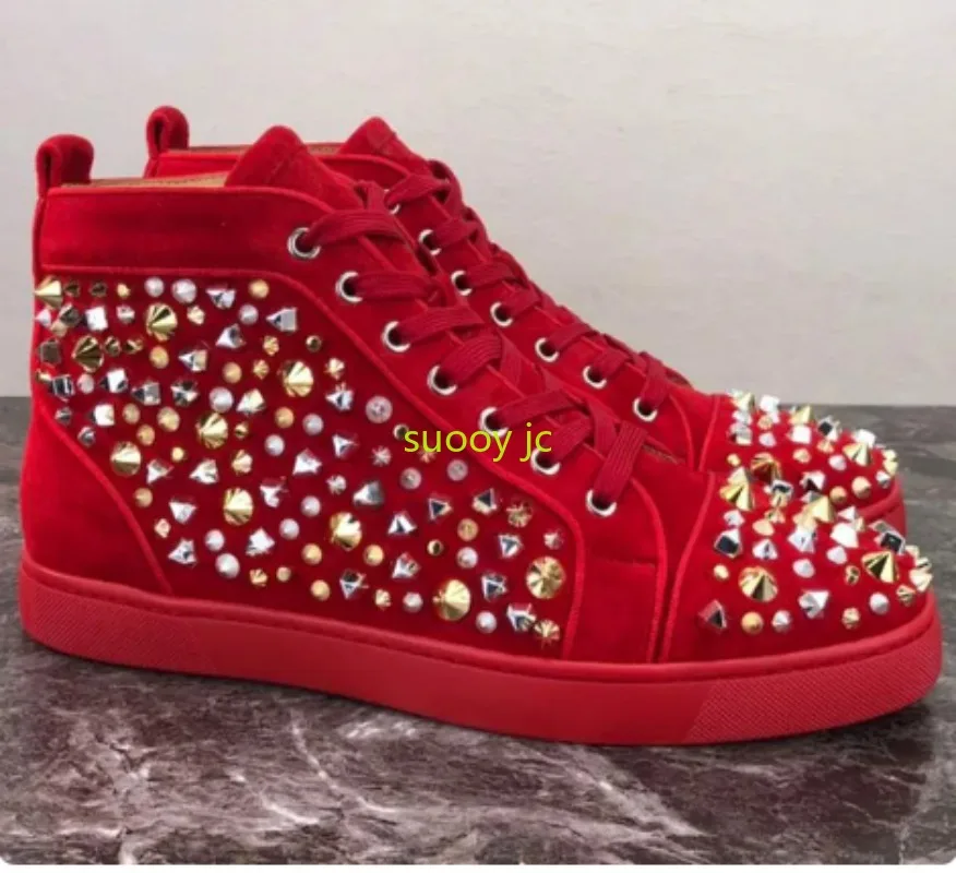 

New Men's Casual Shoes Red sole shoes Spikes Round Toe Cool Boy Rivets High Top Flats Shoes Men Street Style Chaussures Male
