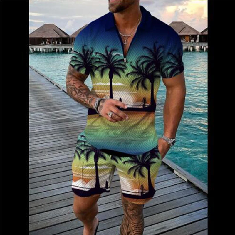 2022 New Summer Men Sport Suit 2 Piece Sets Short Sleeve Polo Shirt Men Short Pant Male Coconut Tree Casual Oversized Clothes