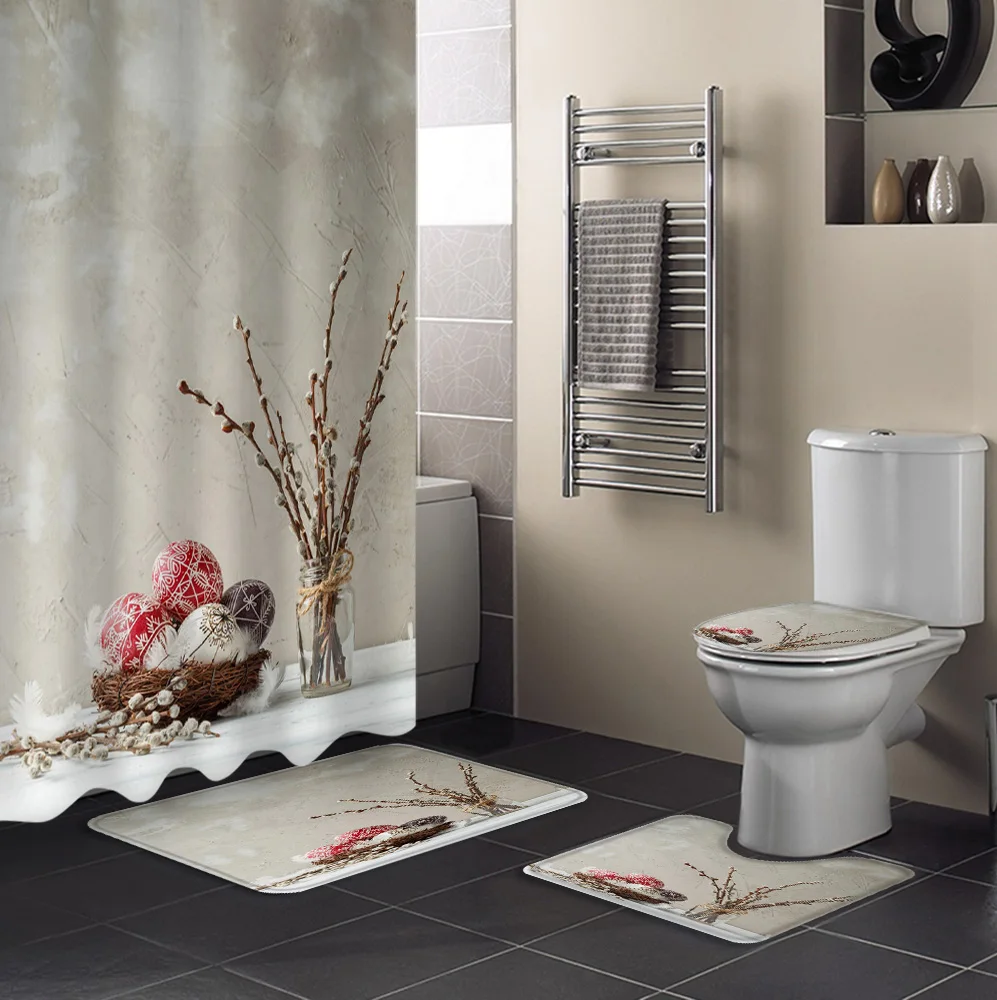 Easter Eggs Willow Branches Bottle Bathroom Shower Curtain Bath Rug Carpets Set Toilet Lid Cover Floor Mats Accessories | Дом и сад