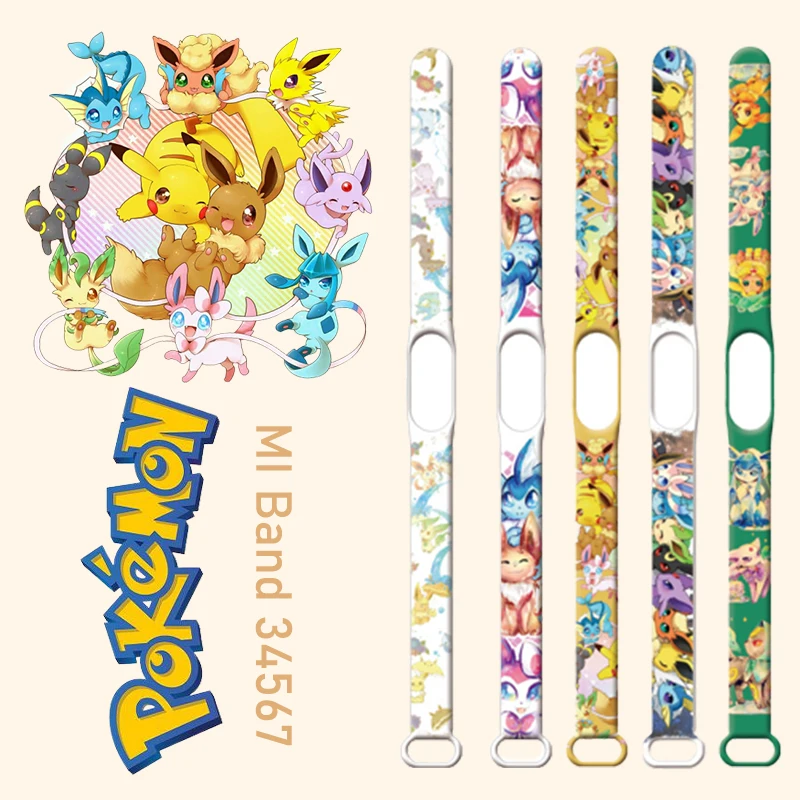 Ремешок Pokemon Eevee для Xiaomi Mi Band 7 6 5 4 3, силиконовый браслет с принтом Xiaomi, аксессуары для часов Pikachu, ремешок в подарок