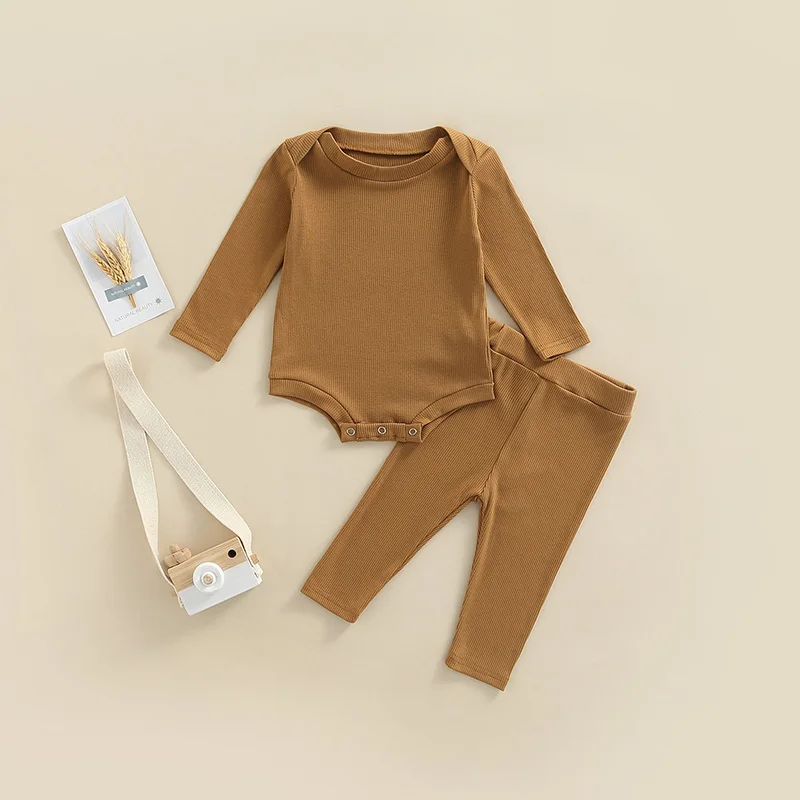 Autumn Baby Clothes Sets Newborn Boys Girls Solid Ribbed Long Sleeve Bodysuits+Long Pants Toddler Cotton Casual Homewear Outfits images - 6