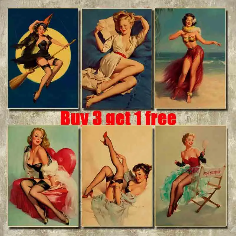 

Vintage Kraft Paper Poster Pub Kitchen Bedroom Decoration Wall Stickers Pin Up Girl Posters and Prints for Home Bar Decor