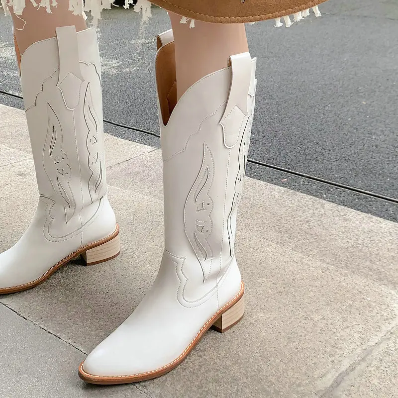 

Genuine Cowhide Leather Pointed Toe Brown White Western Women Winter Shoes Square Heels Mid-calf Cowboy Boots For Wide Calves
