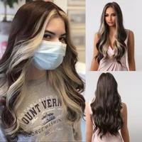 long wavy brown synthetic hair wigs for women blonde highlight natural wave middle%c2%a0part womens wigs daily use heat resistant