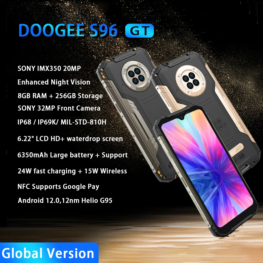 6.22'' DOOGEE S96 GT Android 12 Helio G95 Octa Core 4G Rugged Smartphone NFC 8GB RAM+256GB ROM 24W Fast Charging 6350mAh Phone
