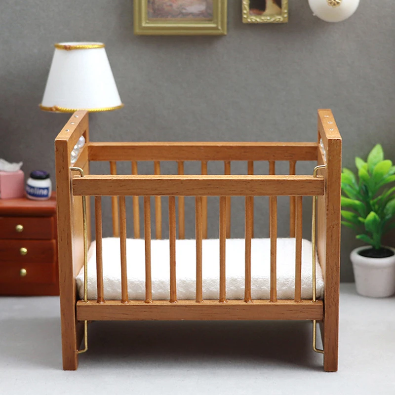 

1:12 DollHouse Mini Decor Accessor Simulation Wooden Bed Pure Maroon Crib White Mattress Cot Children's Room Furniture Model Toy