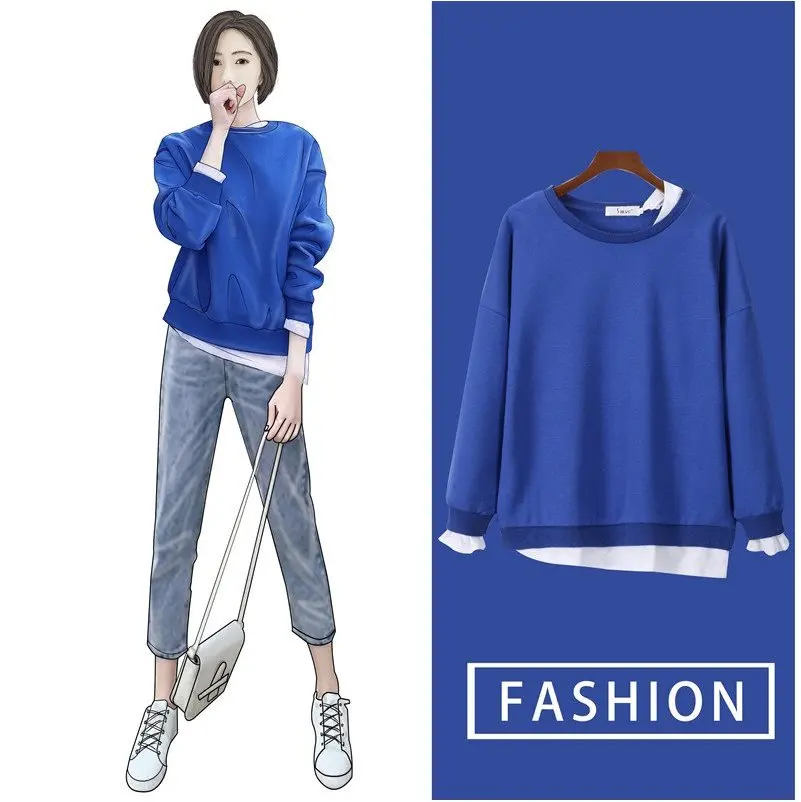 

Spring Autumn Women's Hoodie Korean Fashion Female Clothing Solid Color Stitching O-neck Casual Loose Long Sleeve Top Movafag