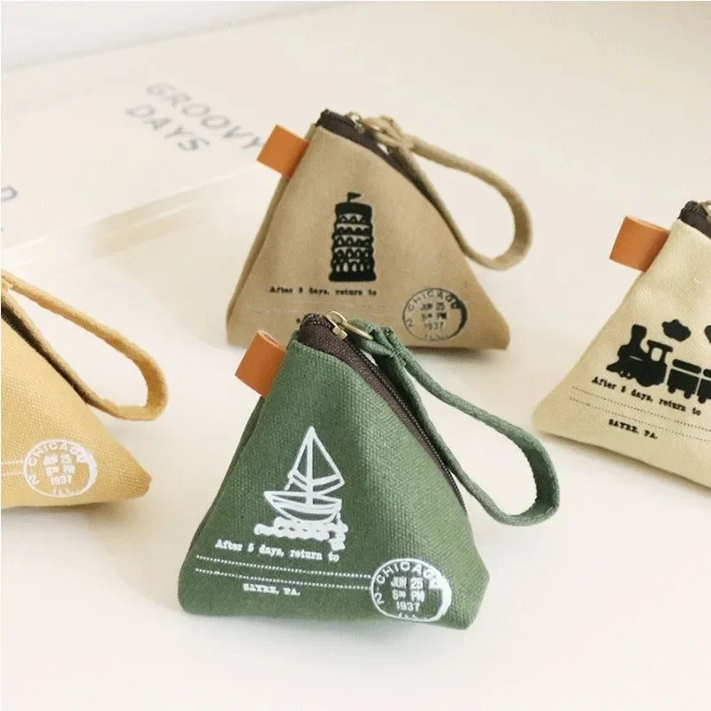 

Women's Creative Retro Dumpling Coin Purse Fashion Canvas Cute Coin Purse Key Bags Tower Print Triangle Portable Mini Bag