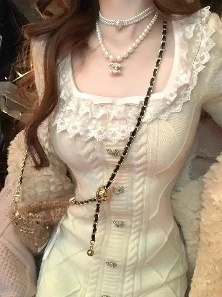 Korejepo Новый год Рождество Pure Desire платье с квадратным вырезом свитер женский осень