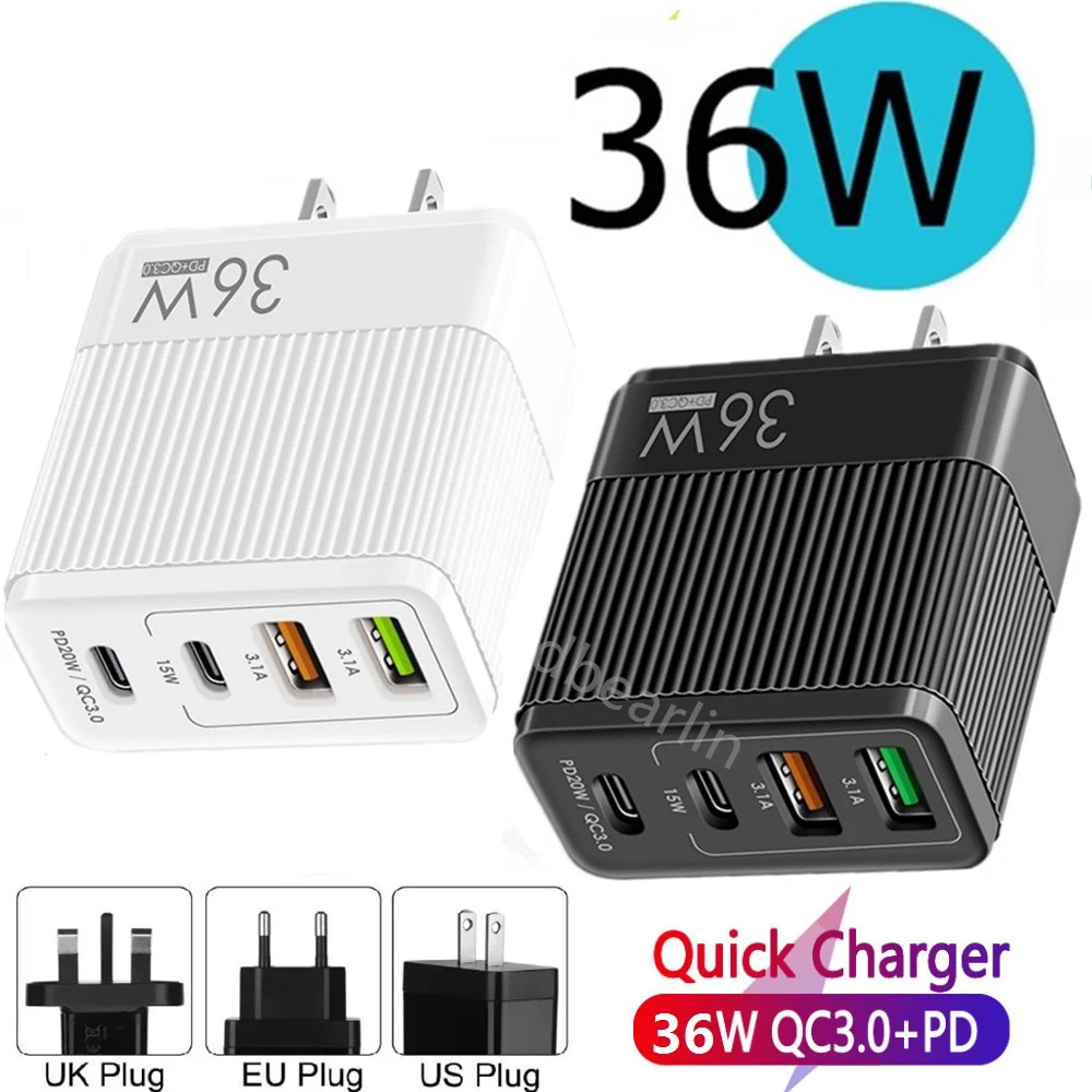 

50pcs/lot 36W Fast Charging 4Ports QC3.0 4.0 PD Wall Charger Power Adapters Eu US UK For IPhone 13 14 Htc Huawei Android phone