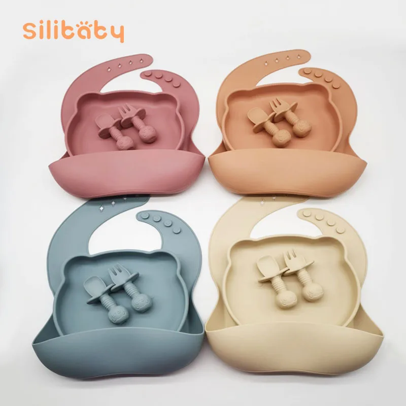

Silicone Bear Dinner Plate Bib Feeding Tableware Cartoon Bear Fork Spoon Children's Anti Falling Suction Cup Baby Supplies