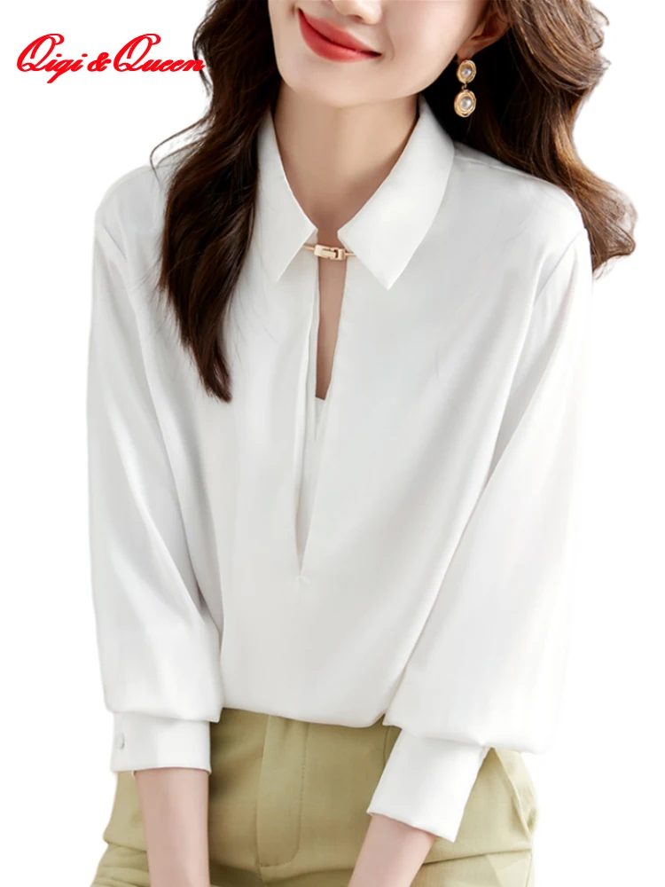 

H Han Queen 2023 Autumn Korean White Satin Office Chiffon Blouse Female Shirt Tops Long Sleeve Casual Korean Women Loose Blouses