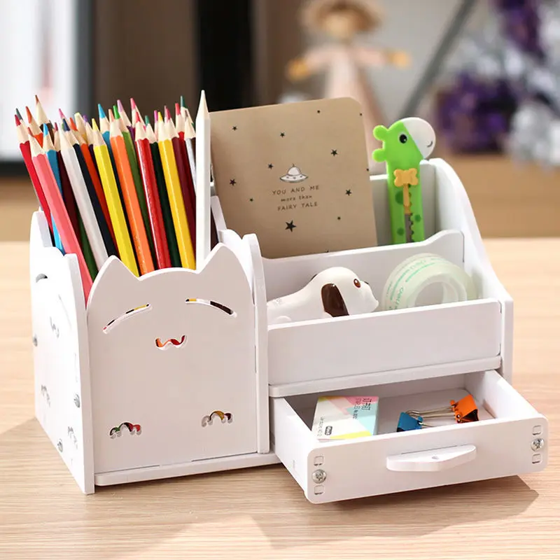 

Multi-function 4 Grid Desktop Pen Holder Office School Stationery Storage Case Wood Box Desk Pen Pencil Organizer Phone Holder