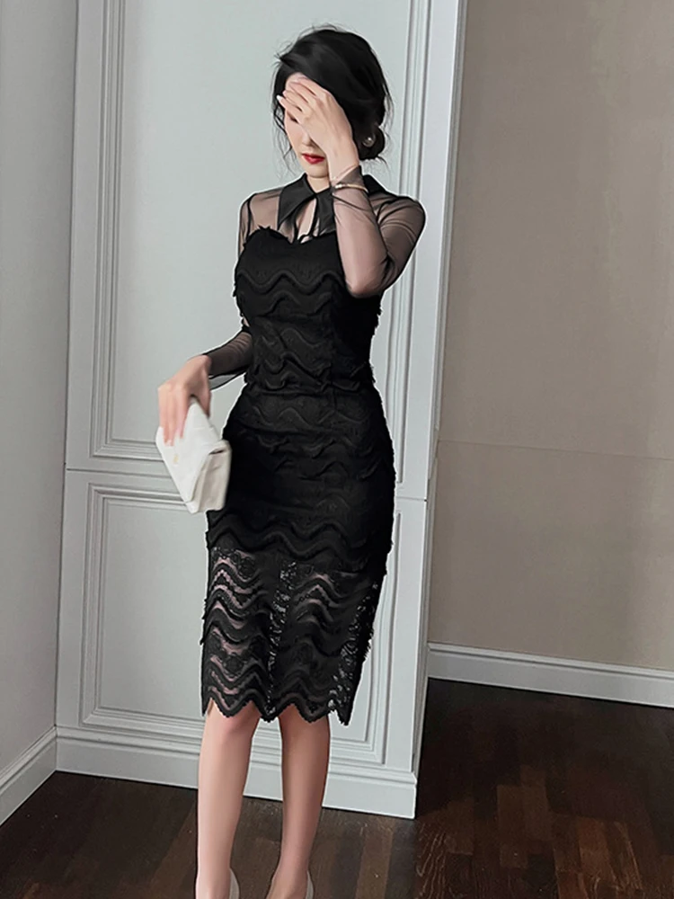 

Korean Style Elegant Dress For Women 2022 Peter pan Collar Mesh Perspective Midi Club Evening Runway Female Dress Slit Vestidos