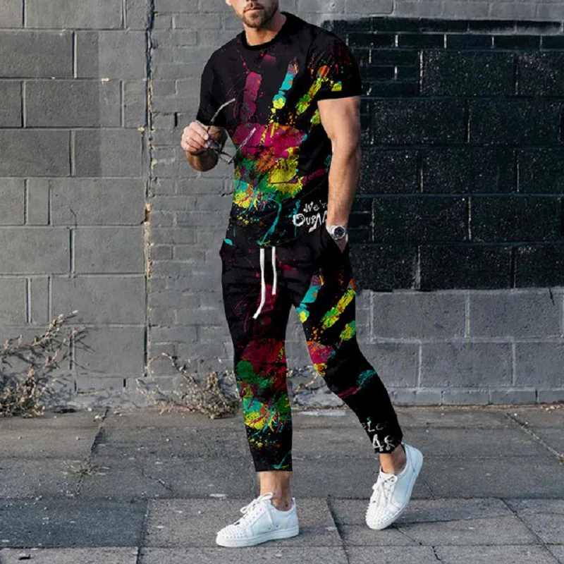 Tracksuit Men Summer Striped T-shirt Trousers 2 Piece Set Outfits Casual Jogging Suit Sportswear Oversized Fashion Man Clothing