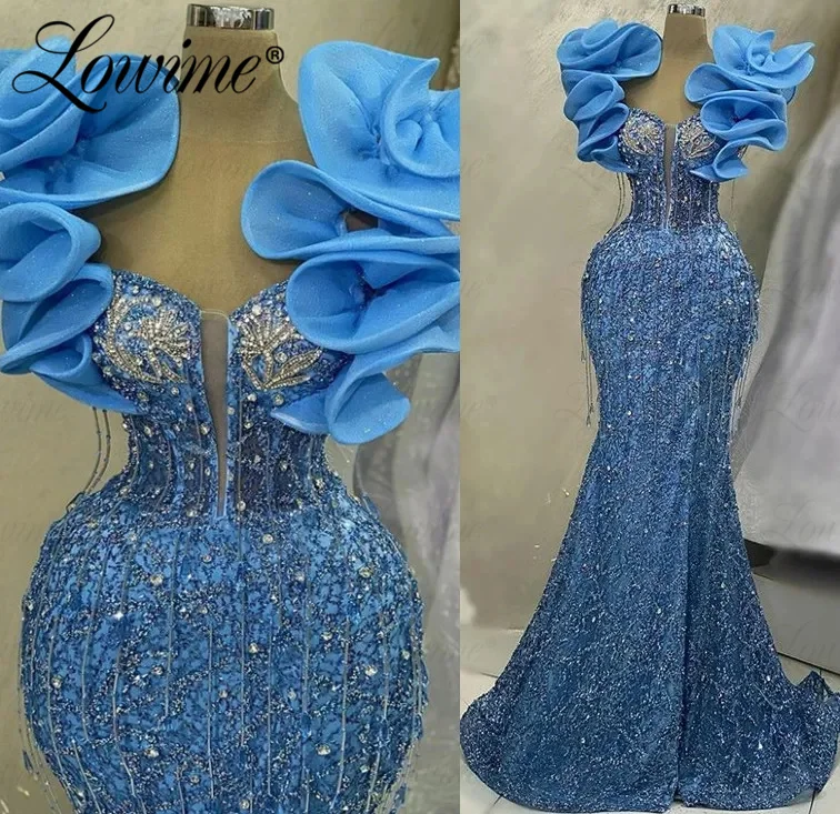 

Lowime Beading Tassels Blue Party Dresses Mermaid Long Beautiful Women Arabic Evening Gowns 2023 Crystals Formal Long Prom Dress