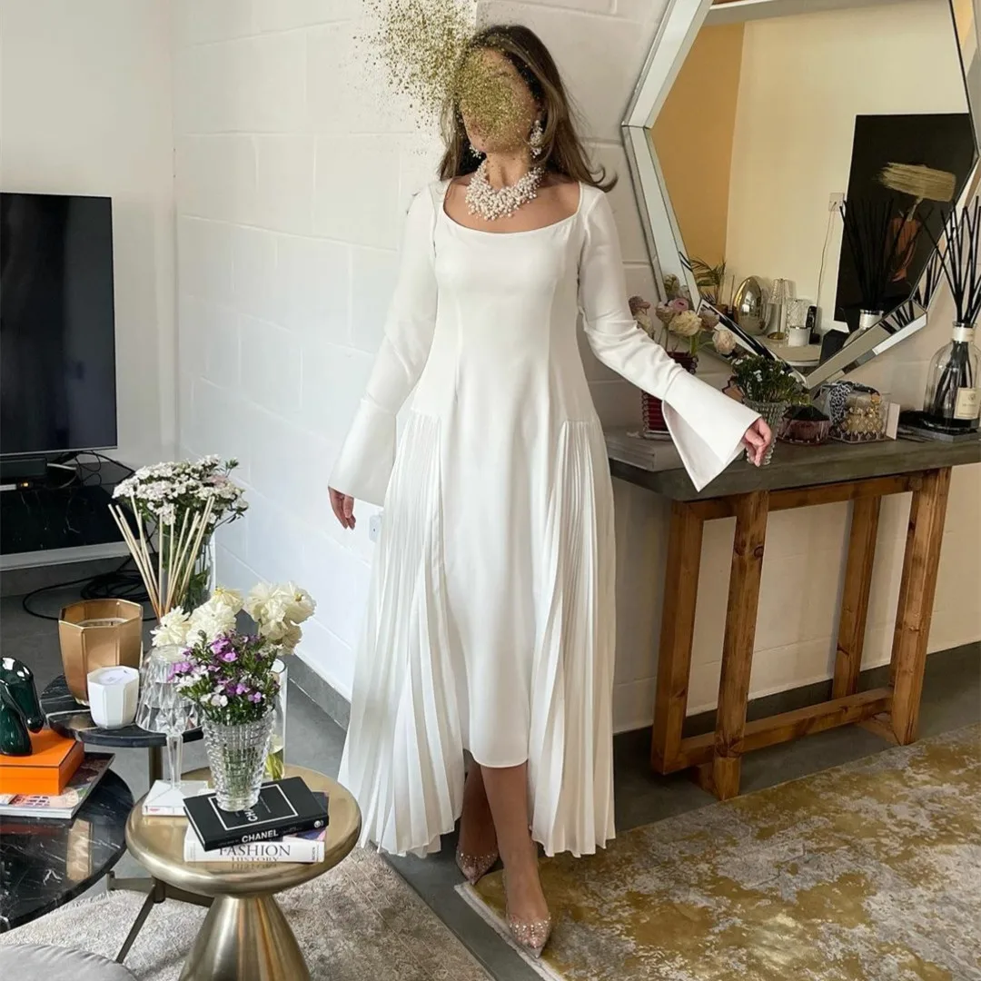 

POMUSE Chic Short Scoop Crepe Ivory Evening Dresses Long Sleeve Muslim Tea Length Pleated Robe De Mariée Party Gown For Women