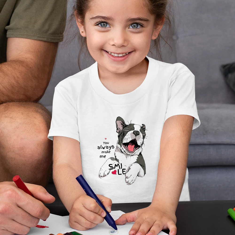 

Kids Summer Home Casual T-shirt You Always Make Me Smile Dog Print Aesthetic Clothes For Children Cute Tee Shirt Enfant Fille