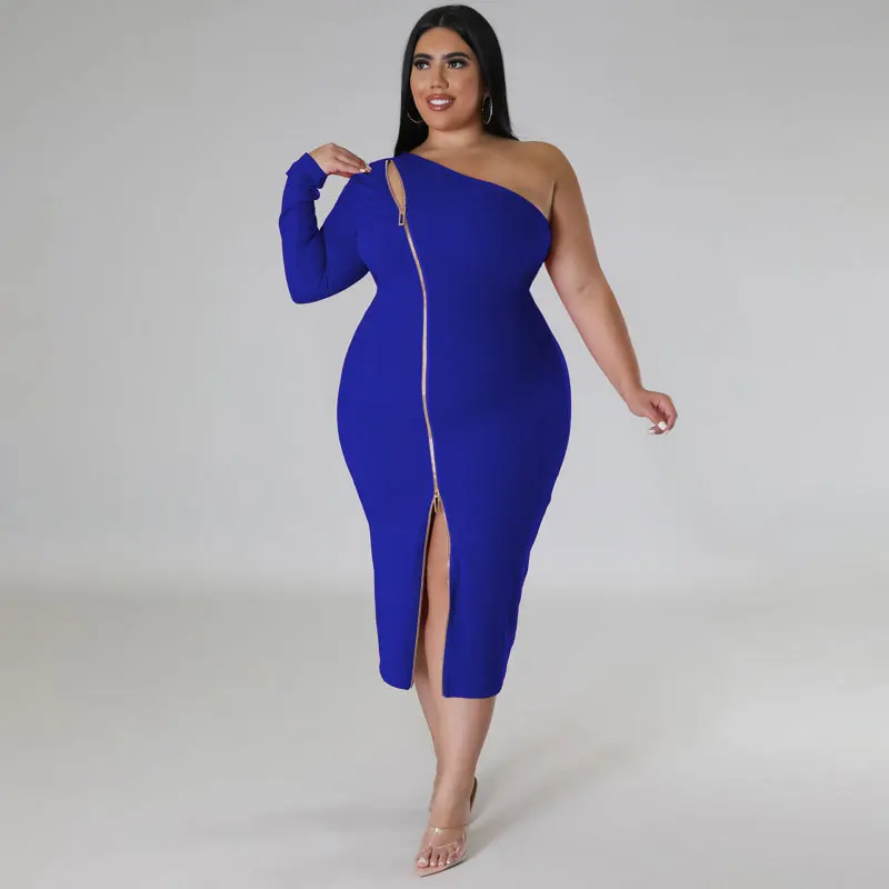 2023 Spring Women Dress Zipper Hollow Out One Shoulder Fashion Elegant Cloth Female Luxury Gown Plus Size Evening Party Dress