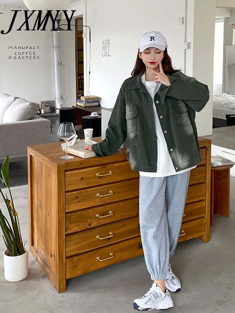 2022 Spring New Fashion Denim Jacket Women's Retro Old Ripped Hole Tie-Dye Loose Casual Long-Sleeved Clothing |