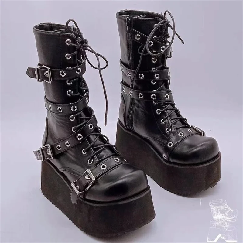 

New Women Boots Buckle Round Toe Platform Motorcycle Boots Punk Goth Ins Ladies Street Shoes Combat Boots for Women Botas Mujer