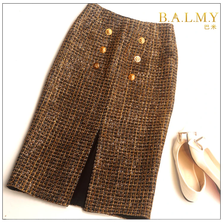 

autumn winter 2022 women elegant bodycon split tweed skirts golden plaid sequins skirt B155