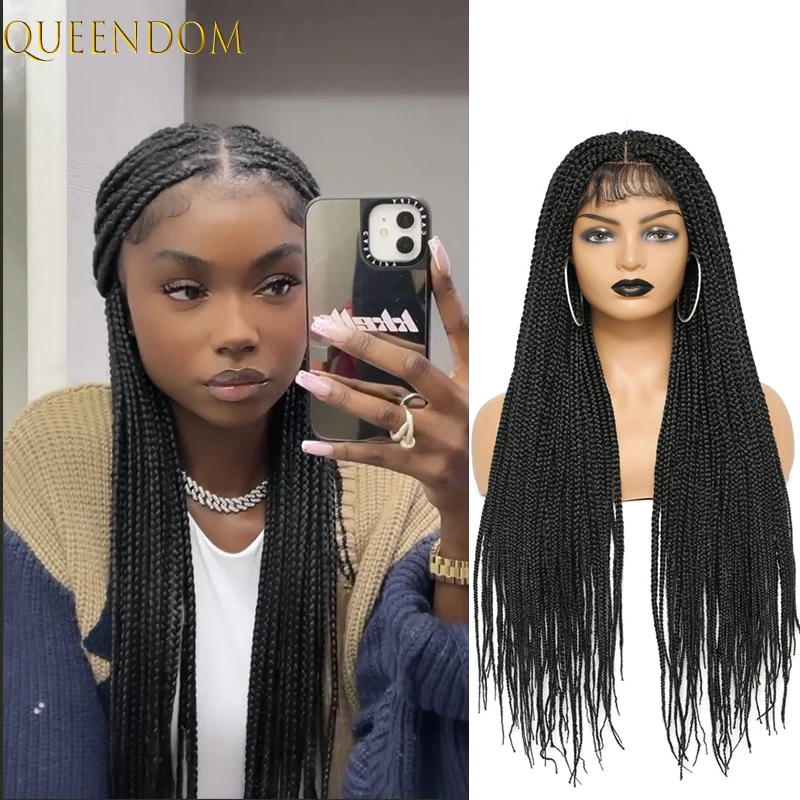 

30" Long Straight Braids Lace Frontal Wig Synthetic Box Braided Lace Wigs for Black Women Ombre Brown Burgundy Braiding Afro Wig