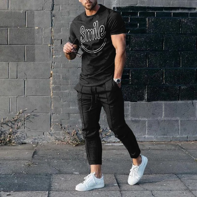 Men's Long Pants Sportswear 3D Printed Smile Short Sleeved T-shirt Casual Oversized Clothing Summer Sportwear Suit 2-Piece Set