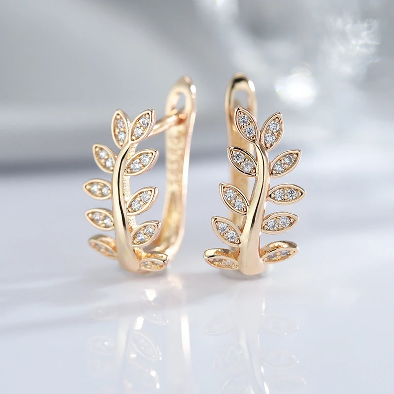 

New Simple Leaf Natural Zircon Clip Earrings For Women 585 Rose Gold Trendy Tree Cute Earrings Party Daily Unusual Jewelry