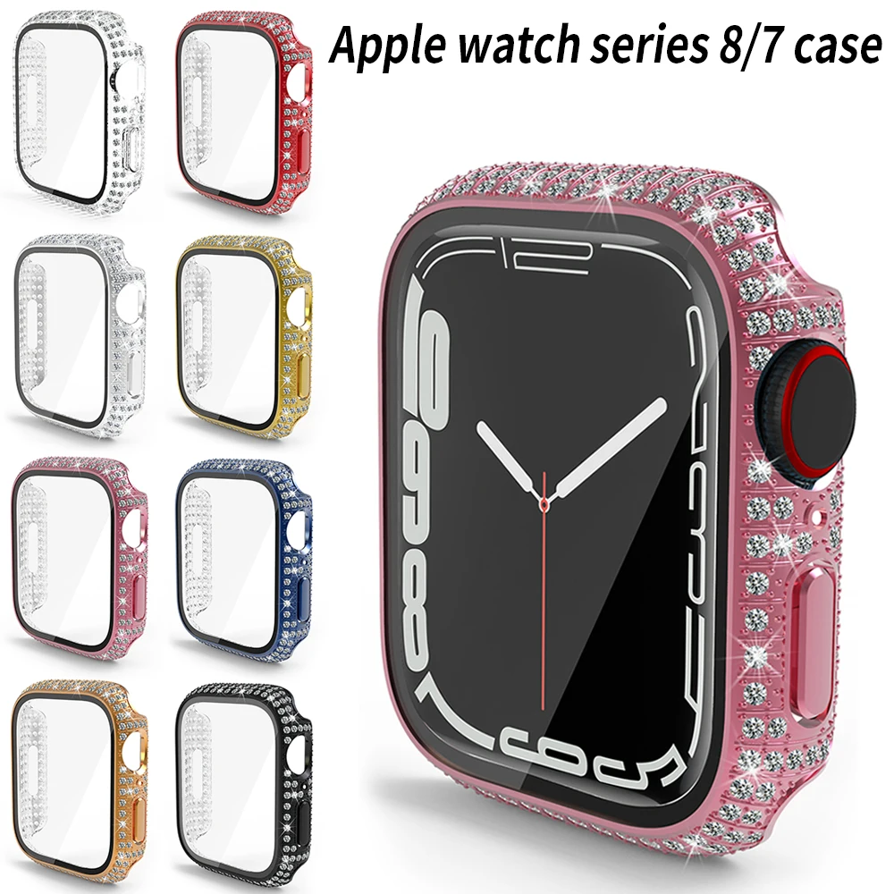 

Glass+Case for Apple Watch Series 7 41mm 45mm Cover Bling Diamond Woman Jewelry Bumper iWatch Series 8 41mm 45mm Protective Case