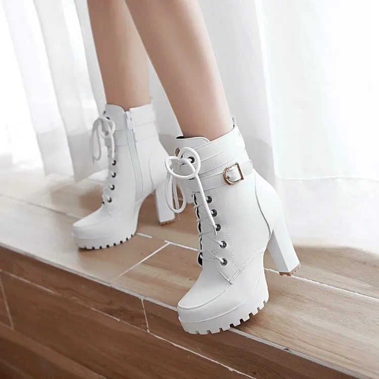 Winter Autumn Women's Boots PU Leather Zipper Warm Belt buckle White Boots Lace Up Black Casual Thick Sole Biker Boots Large siz