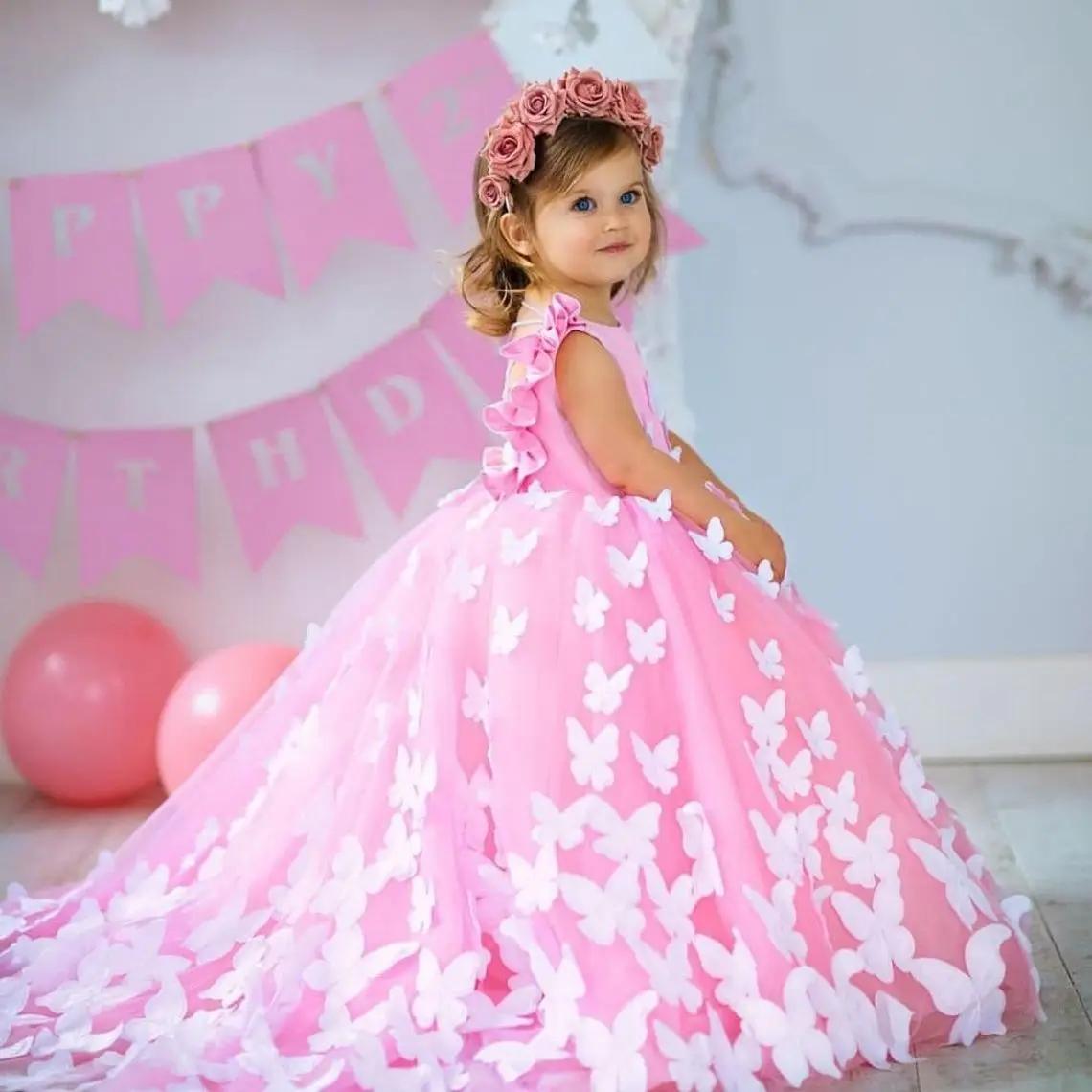 

Розовые длинные платья для девочек с цветочным принтом и аппликацией бабочки, детское платье из тюля для девочек, детские платья с открытой ...