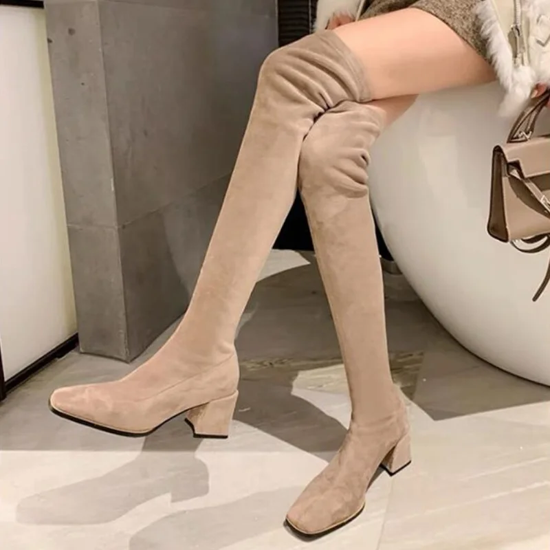 

Зимние эластичные сапоги выше колена, женские высококачественные облегающие сапоги из синтетической замши, Женская Черная открытая обувь ...