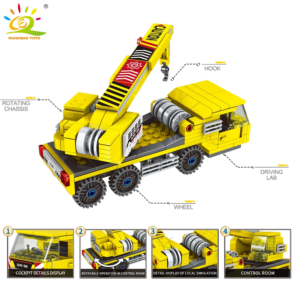 HUIQIBAO Engineering строительные блоки для грузовиков MOC Crane Bulldozer Car Bricks Set City Construction