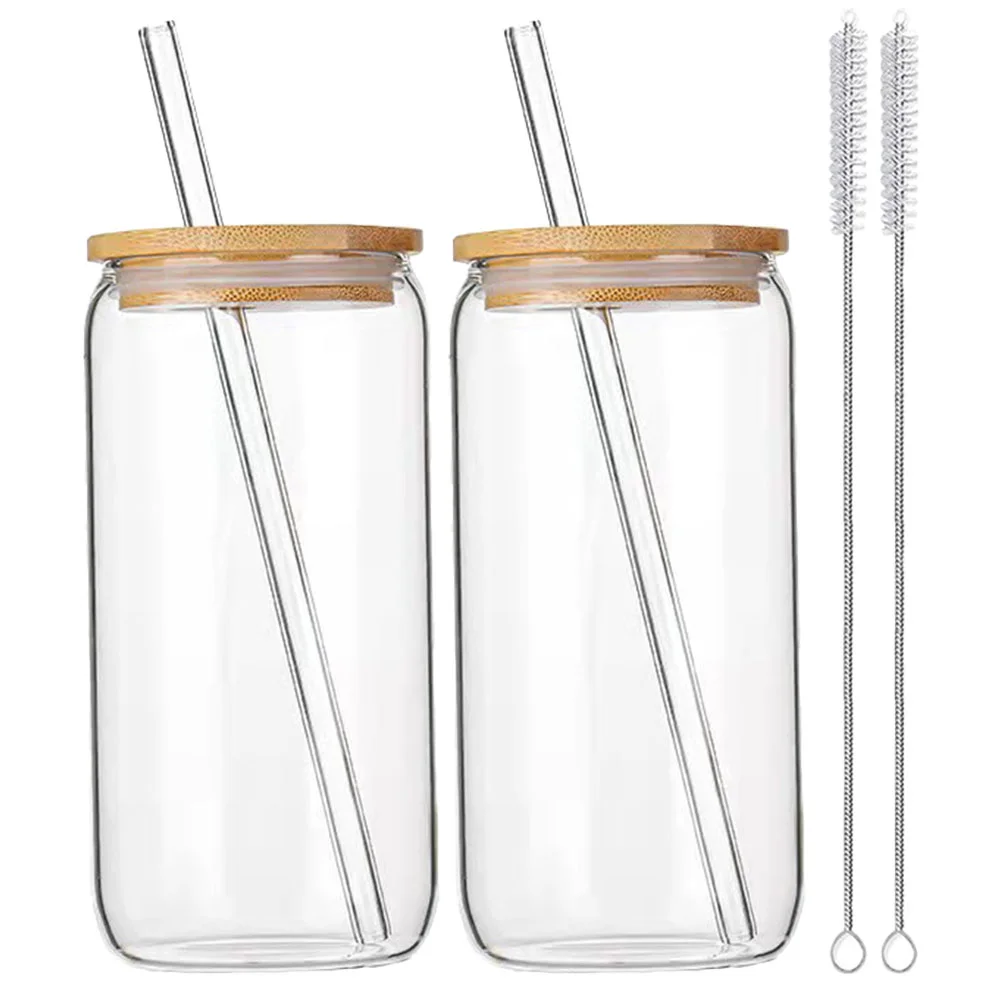 

2 Sets Sippy Cups Glass Lids Straws Bamboo Beer Can Coffee Shot Glasses Soda Iced