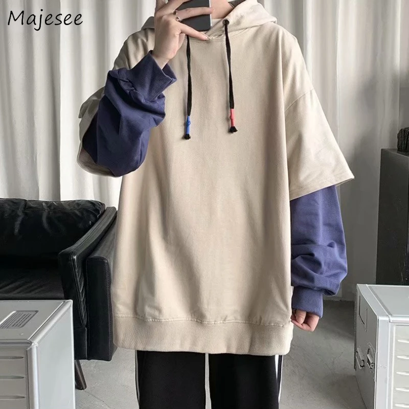

Patchwork Hoodies Men Loose Fake Two Pieces Students All-match Streetwear Warm Velvet Autumn Winter Outerwear Ulzzang M-5XL BF