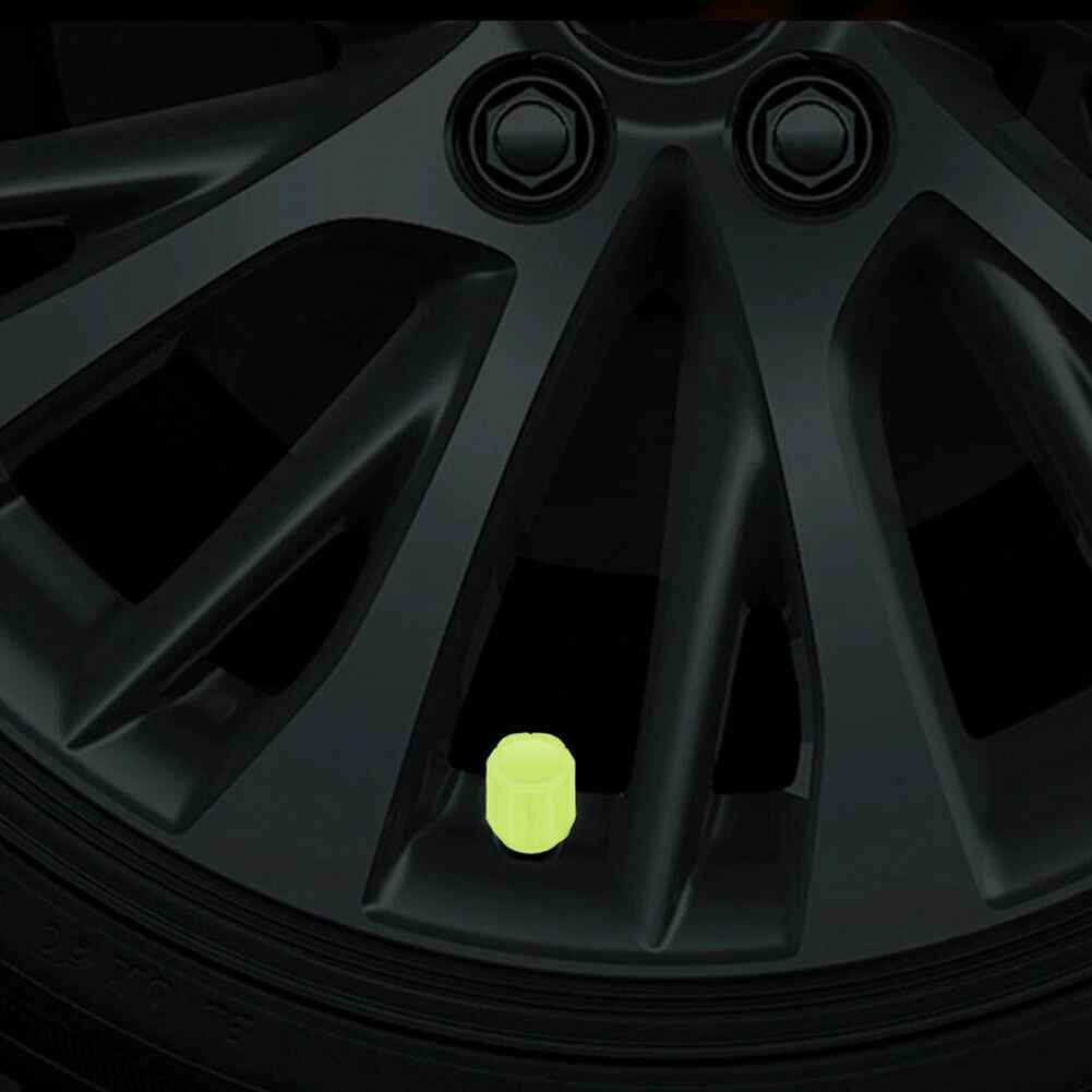 

High Quality Tire Valve Covers Fluorescent Glowing In Dark Luminious Yellow 4Pcs ABS Universal For Bikes Car SUV