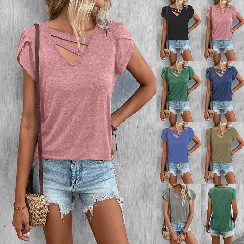 

Women's Casual Pullover 2023 Summer New Fashion Solid Color Oversized Loose Top Sexy V-neck Short Sleeve Patchwork T-shirt