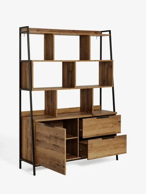 Современный деревянный книжный шкаф в индустриальном стиле с полками и ящиками