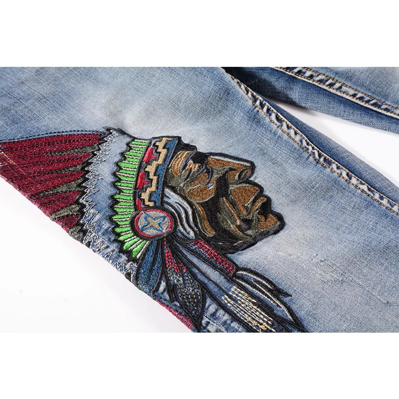 New Fashion Men's Jeans Indian Embroidery Hole Grinding Straight Elastic Jeans Streetwear Men Denim Pants
