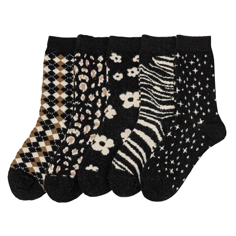 5 Pairs High Quality Leopard Print Wool Socks Women Fashion Stripe Thicken Keep Warm Long Winter Socks Street Fever Calze Donna