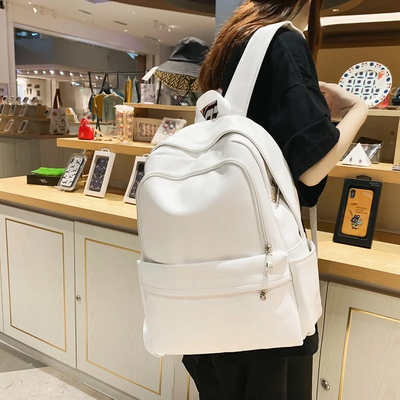 

Solid Female Travel Backpack High Quality PU Casual Shoulder Bag Waterproof Women Men Simple Rucksack For College Girl Schoolbag